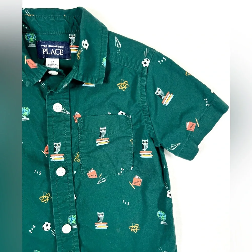 THE CHILDRENS PLACE Boys Doodle Poplin Button Up‎ Shirt 2T Back to School Green